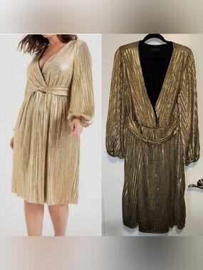 Eloquii Metallic Gold Plissé Wrap Midi Dress